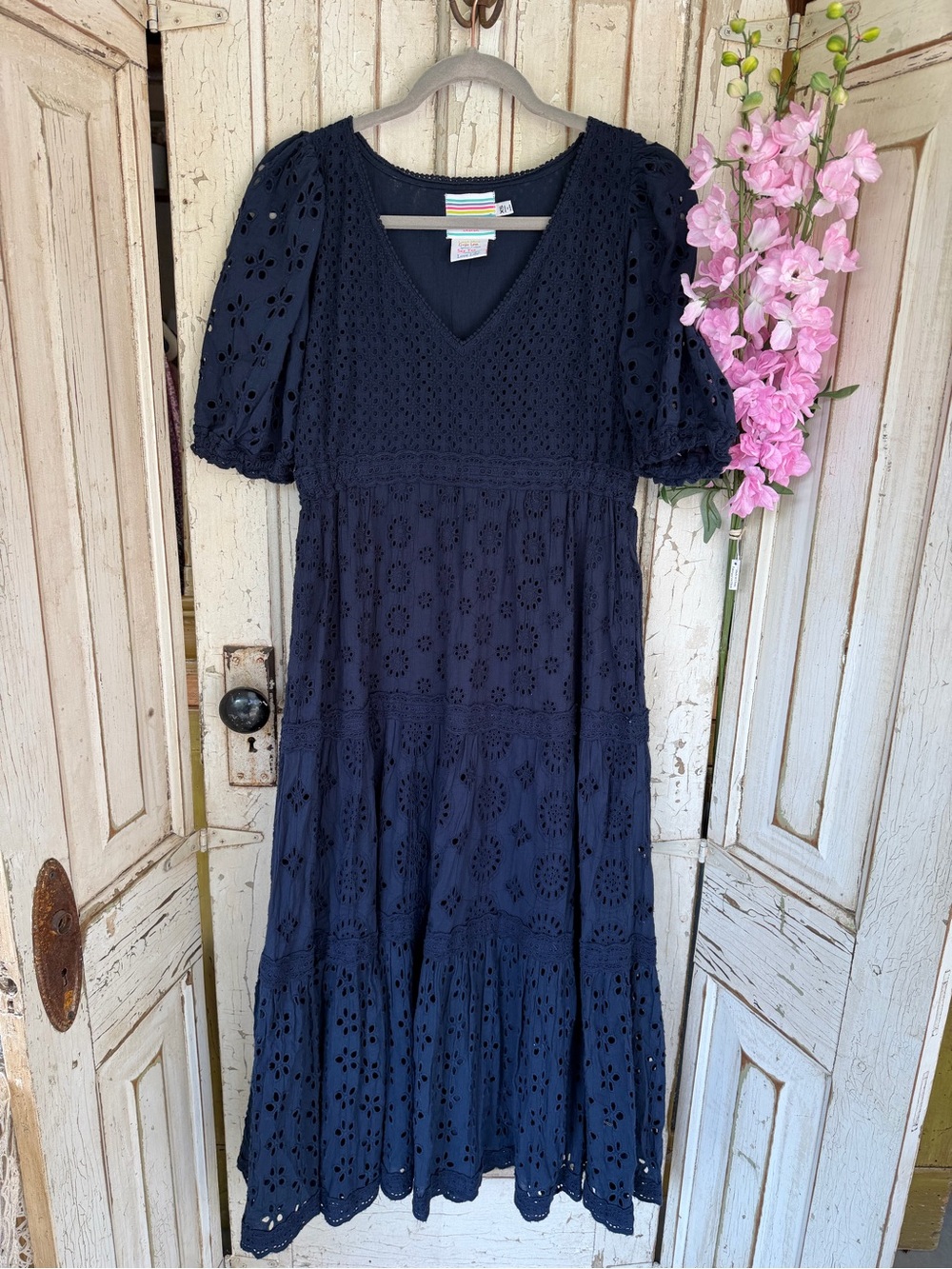 Gretchen Scott Designs Navy Eyelet V-Neck Midi Dress with Puff Sleeves xs